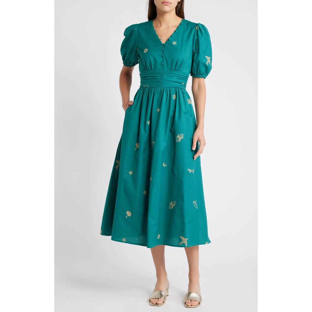 CIEBON Lexi Nature Embroidered Puff Sleeve Cotton Dress size XS/2